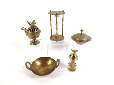5 New Age & Bohemian Style Brass Trinkets. Includes (3) incense burners, hour glass, and brass 