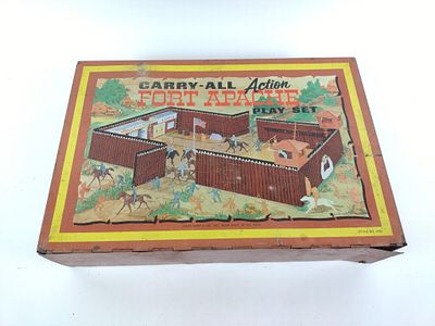 Carry All Fort Apache Play Set. In original case. 19" wide x 13" deep x 4-1/4" high. Rust 