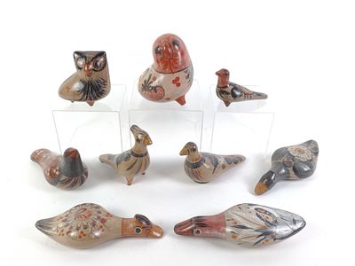 9 Pcs Tonala Mexican Pottery. 2" to 4-1/2" wide x 3" to 5" high.