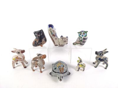 8 Pcs Tonala Mexican Pottery. 2" to 5-1/2" wide x 3-1/4" to 5-1/4" high.