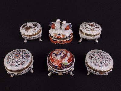 6 Porcelain Trinket Boxes incl Japanese. 3" to 3-3/4" wide x 2" to 3-1/2" high.