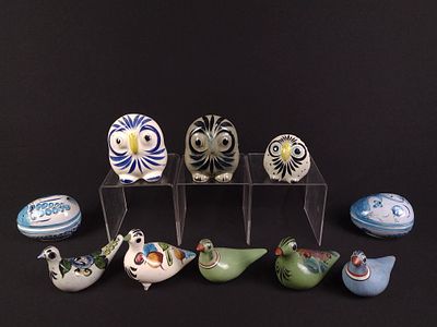 10 Pcs Tonala Mexican Pottery. Includes owls, eggs, and pheasants. 4" to 5" wide x 3-1/4" to 5" high.