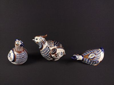 3 Tonala Mexican Pottery Birds. Includes duck, quail and pheasant. 5-1/2" to 7" wide x 4-1/2" to 
