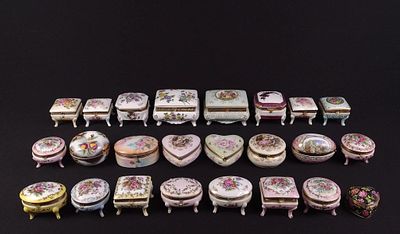24 Porcelain Trinket Boxes incl Royal Crown. 2-3/4" to 5-1/4" wide x 1-1/2" to 2-3/4" high.