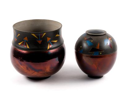 Two Signed Pottery Vases. Signatures are indecipherable. 7" to 10-1/4" wide x 9" to 9-3/4" high.