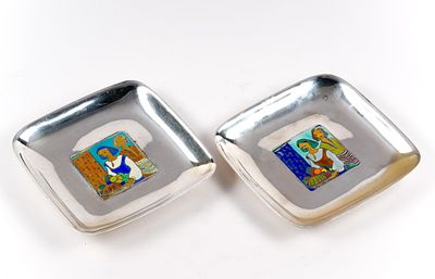 Pair of Finnish 916 Silver Plates. With marks. Both with enamel center decoration. Both 8" wide 