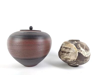 2 Pcs. Pottery. Both stamped. 6" to 10" wide x 6-3/4" to 10-1/2" high.