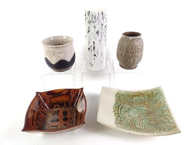 5 Pcs Signed Pottery. 4" to 5" wide x 6-1/2" to 11-1/4" high.