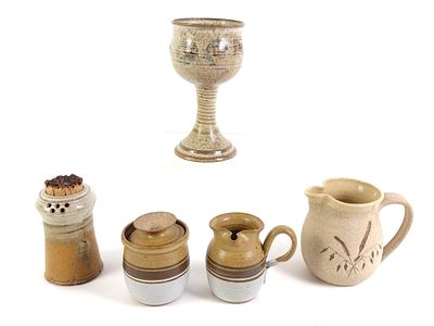 5 Pcs Signed Pottery. 3-1/4" to 4-1/2" wide x 4" to 5-1/4" high.