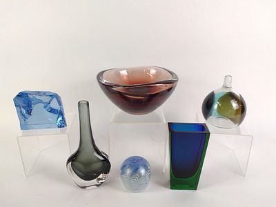 6 Pcs Mid Century Signed Glass incl Orrefors. 3" to 8-1/2" wide x 2-1/2" to 4-1/4" high.