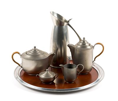 5 Pc Pewter Tea Service with Tray. Marked Royal Holland and Just Denmark. 3" to 4-1/2" wide x 