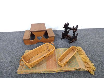 5 Decorative Items. Includes handmade wine rack, doll picnic table, two decorative baskets, and 