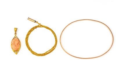 3 Pcs 14K and 10K Gold Jewelry. A bangle bracelet in 14k rose gold 2 3/4" X 2 1/8" with slight 