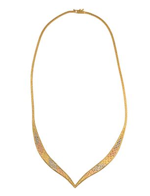 14K Gold Necklace. A choker length necklace in tri-color gold with flexible links. The length is 