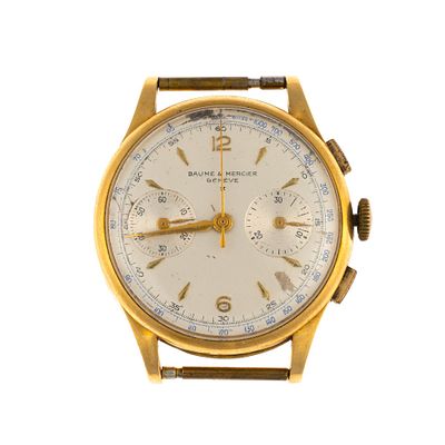 Baum & Mercier 18K Chronograph Wrist Watch. A 36 mm two register chronograph with flat pushers. 