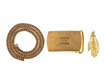 3 Pcs 14K Gold. One 14k, tested, rose gold chain with no clasp pieces, one Hamsa hand pendant 