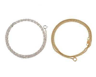 14K and 10K Gold Chain Necklaces. Two delicate 15" chain necklaces. One in 14k white gold, 2.1 