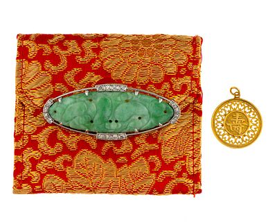 Platinum Jade Brooch and 14K Gold Chinese Pendant. The platinum and carved jade brooch is 2" 