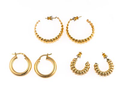 Three Pairs Of 14K and 10K Gold Hoops. 1" diameter ribbed hoops in 14k yellow gold, smooth 7/8" 