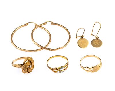 14K and 10K Gold Rings and Earrings. Two rings size 5.5 and 8 in 10k gold and one pair of 