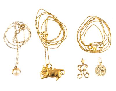 14K Gold Chain Necklaces and Pendants. A 23" box chain in yellow gold with a cat 1" pendant. A 