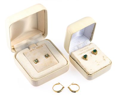 Three Pairs 10K Gold Earrings. Earrings include small hoops with melee size diamond and emerald 