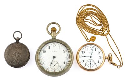 Three Pocket Watches incl Elgin. Two Elgin and one Perret pocket watch, gold filled, silver 
