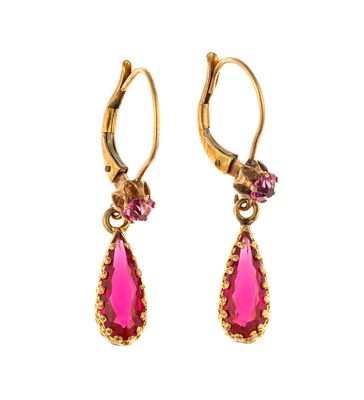 Antique 14K Gold and Pink Topaz Earrings. A pair of dangle earrings for pierced ears set with 