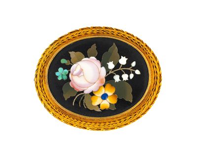 Victorian Pietra Dura 14K Gold Brooch. A 2" height floral pietra dura brooch in tested 14k gold 