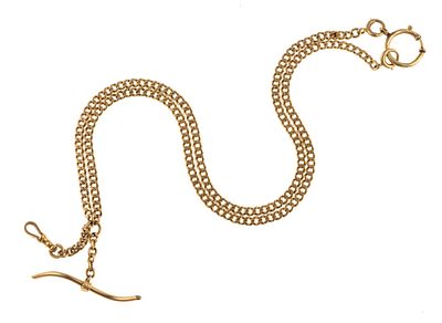 14K Gold Double Albert Watch Chain Necklace. A 24" curb link watch chain, with 2" T bar. Both 