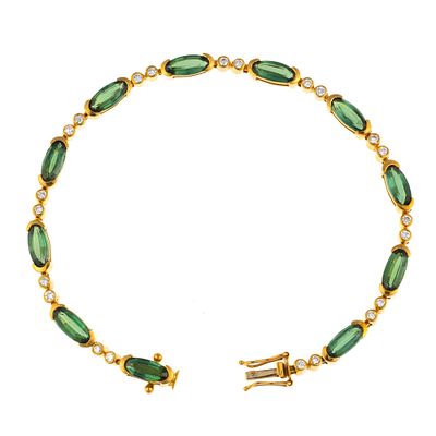H. Stern 18K Gold, Tourmaline, and Diamond Bracelet. A 7 1/2" flexible link bracelet with eleven 