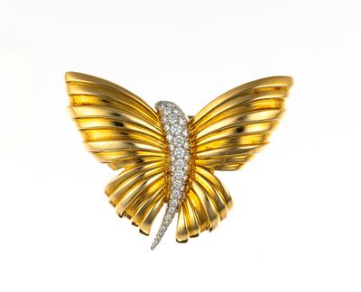 Charles Turi 18K Gold and Diamond Butterfly Brooch. The brooch is 2 1/8" width in 18k yellow 