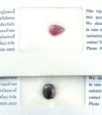 Two Natural Ruby Gemstones with Lab Reports. 2.38 carat loose cushion shaped purplish red 