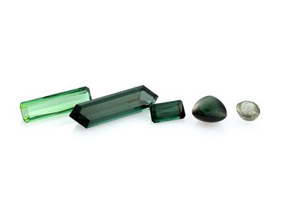 Five Tourmaline Gemstones. Unmounted tourmaline includes 11.8 carat green, octagon, Mozambique. 