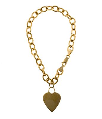 14K Gold Chain Heart Charm Bracelet. A 7 1/2" chain bracelet in yellow gold, marked 14k with a 