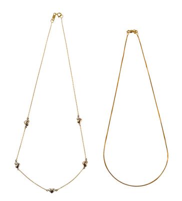 Two 14K Gold Chain Necklaces. One a 13 1/2" choker necklace or twice-around bracelet in yellow 