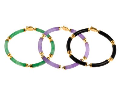 Three 14K Gold Jade and Onyx Bracelets. Each bracelet is composed of six gemstone and gold links 