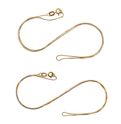 2 14K Gold Chains. Both marked. 13-3/4" to 14" long. 1.6 grams total.