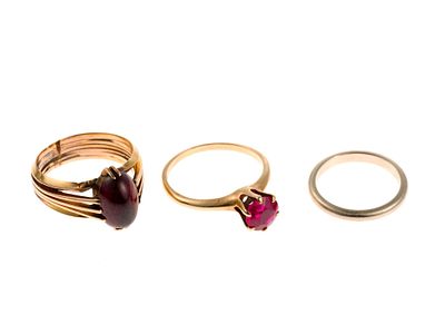 Three 14K Gold Rings. Two marked and one tests 14k. Ring sizes 5.25 to 8.5. 10.4 grams total.