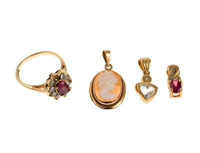 14K and 10K Gold Jewelry with Diamonds. Two 10k yellow gold gemstone pendants, weighing 2.1 