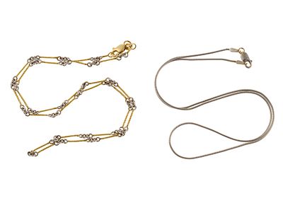 Two 14K Gold Chain Necklaces. One is white and yellow gold with length of 15" and the second in 