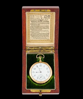 Cased 14K Gold Howard Pocket Watch. The watch is an open face size 16S with 14k gold casing. It 