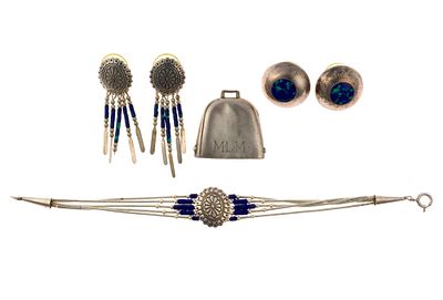 Sterling Silver Jewelry. Earrings 3/4" to 7/8" wide x 7/8" to 1.3/4" long. Bracelet 7" long. 