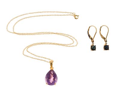14K Gold Amethyst Necklace & Sterling Silver Earrings. All marked. Earrings measure 1/4" wide x 