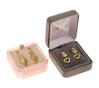 14K Gold Earrings. Both pairs marked. 1/2" wide x 1" to 1-1/2" long. 3.0 grams.