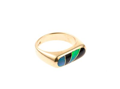 14K Gold Ring. A size six contemporary yellow gold ring with inlaid opal and onyx. The ring 