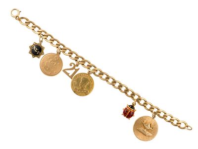 14K Gold Charm Bracelet. A 7 1/2" yellow gold bracelet with six gold charms including a ladybug. 