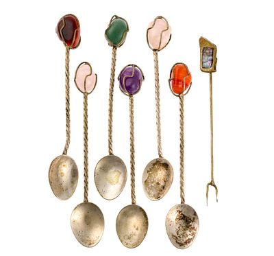 6 Gemstone Demitasse Spoons & Cocktail Fork. 3-1/2" to 3-3/4" long.