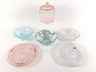Carnival & Depression Glass. Includes an Imperial White Homestead Chop Plate that has a diameter 