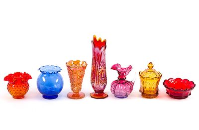 7 Pieces of Decorative Art Glass Incl. Fenton. Largest piece measures 3" x 11" x 3".